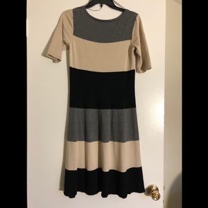 Short Sleeve Tan and Black Striped Sweater Dress